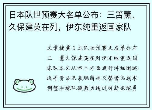 日本队世预赛大名单公布:三笘薰、久保建英在列,伊东纯重返国家队 日本队世预赛大名单公布:三笘薰、久保建英在列,伊东纯重返国家队