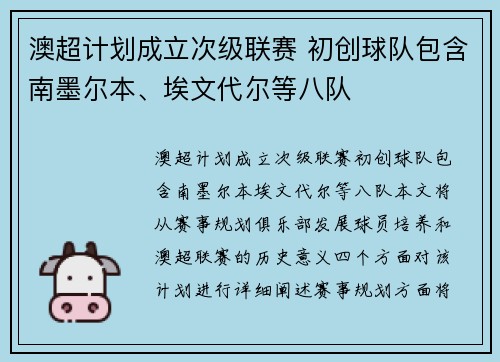 澳超计划成立次级联赛 初创球队包含南墨尔本、埃文代尔等八队 澳超计划成立次级联赛 初创球队包含南墨尔本、埃文代尔等八队
